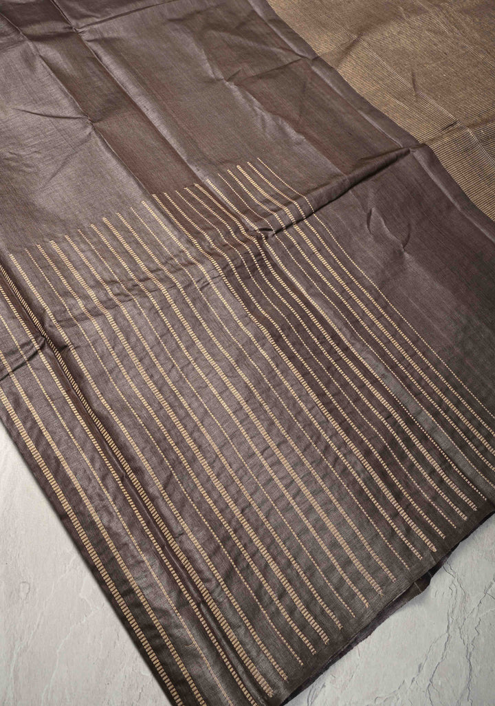 Charcoal Brown Tussar Silk saree with Resham Vertical Stripes on Border  | SILK MARK CERTIFIED