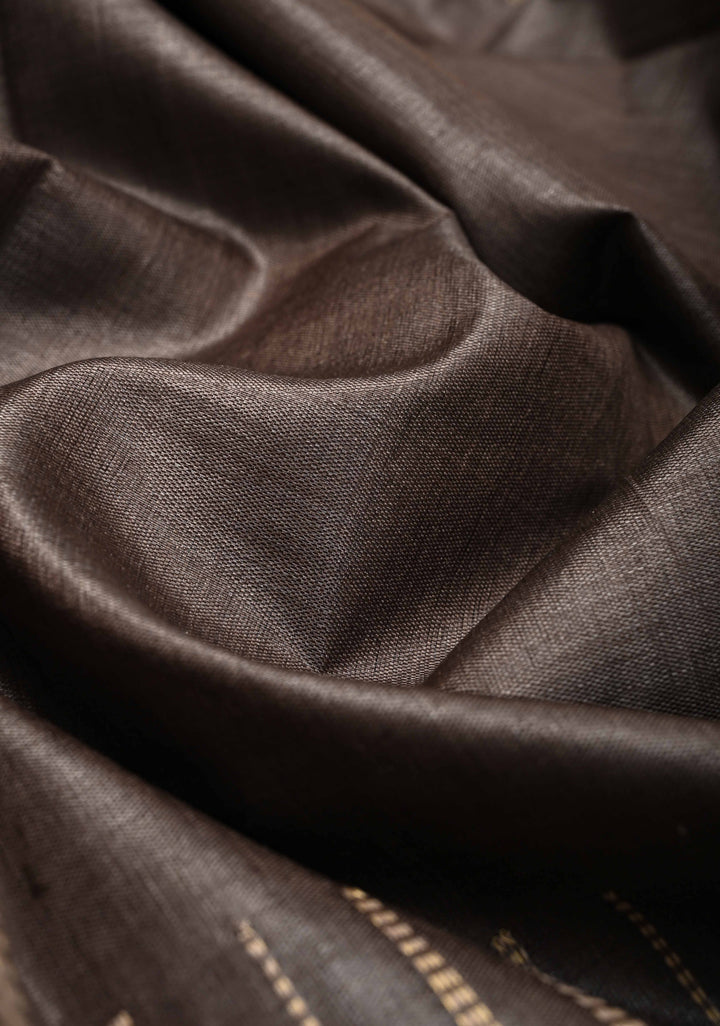 Charcoal Brown Tussar Silk saree with Resham Vertical Stripes on Border  | SILK MARK CERTIFIED