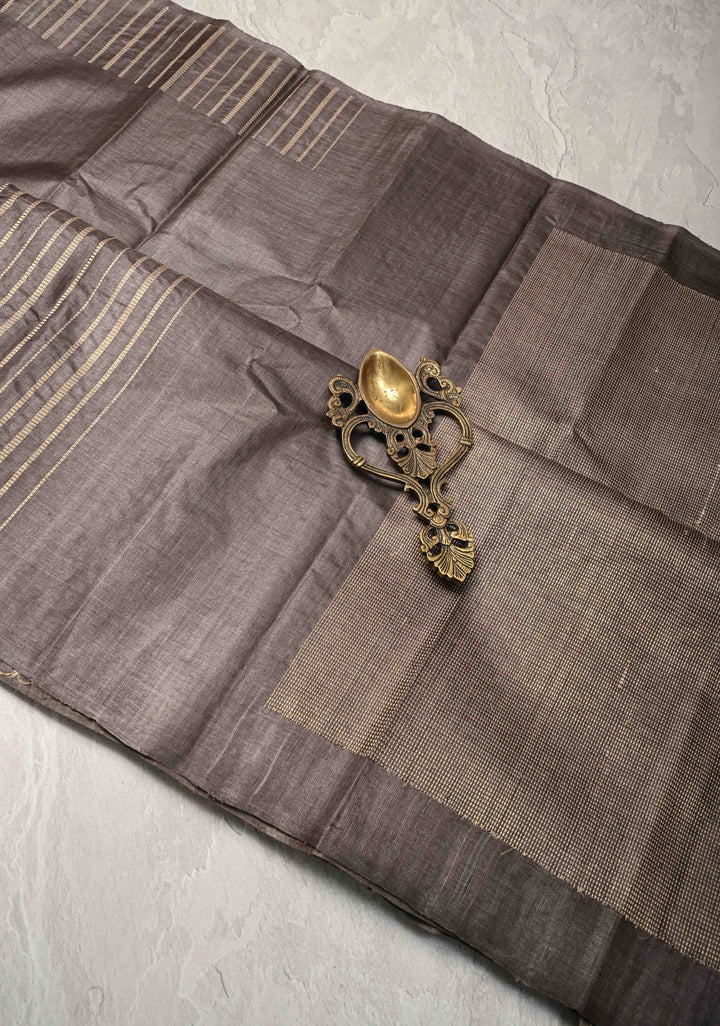 Charcoal Brown Tussar Silk saree with Resham Vertical Stripes on Border  | SILK MARK CERTIFIED