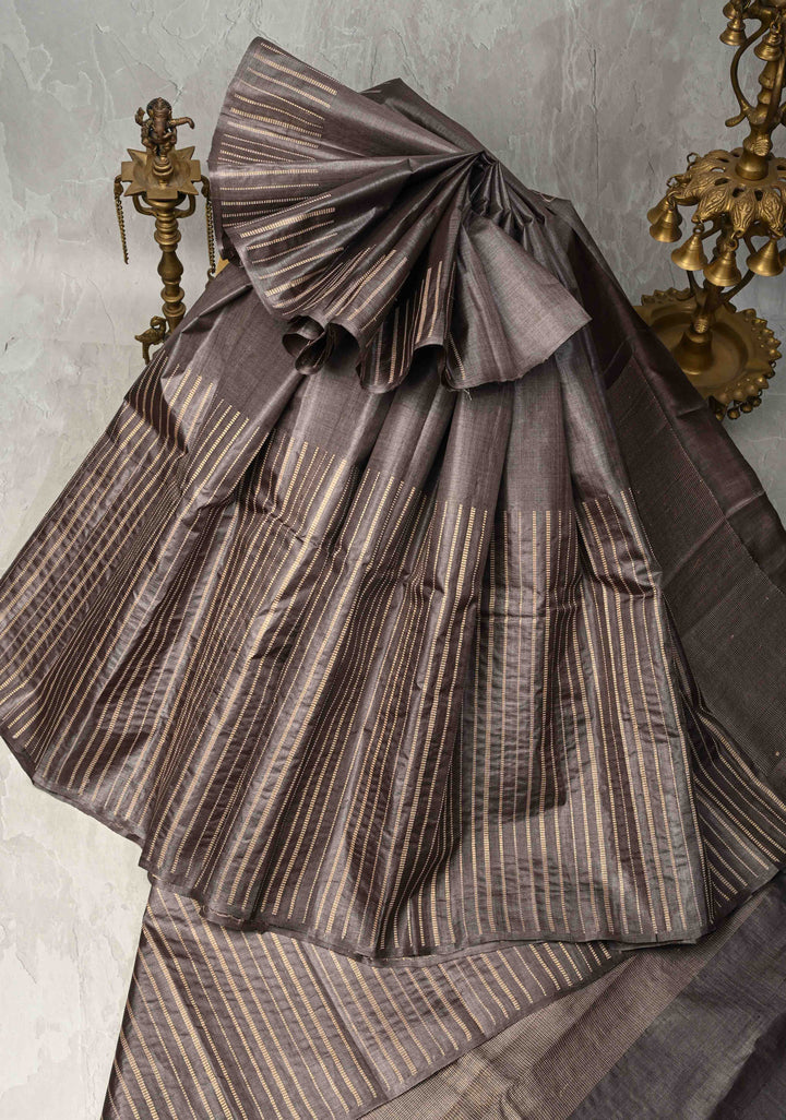 Charcoal Brown Tussar Silk saree with Resham Vertical Stripes on Border  | SILK MARK CERTIFIED