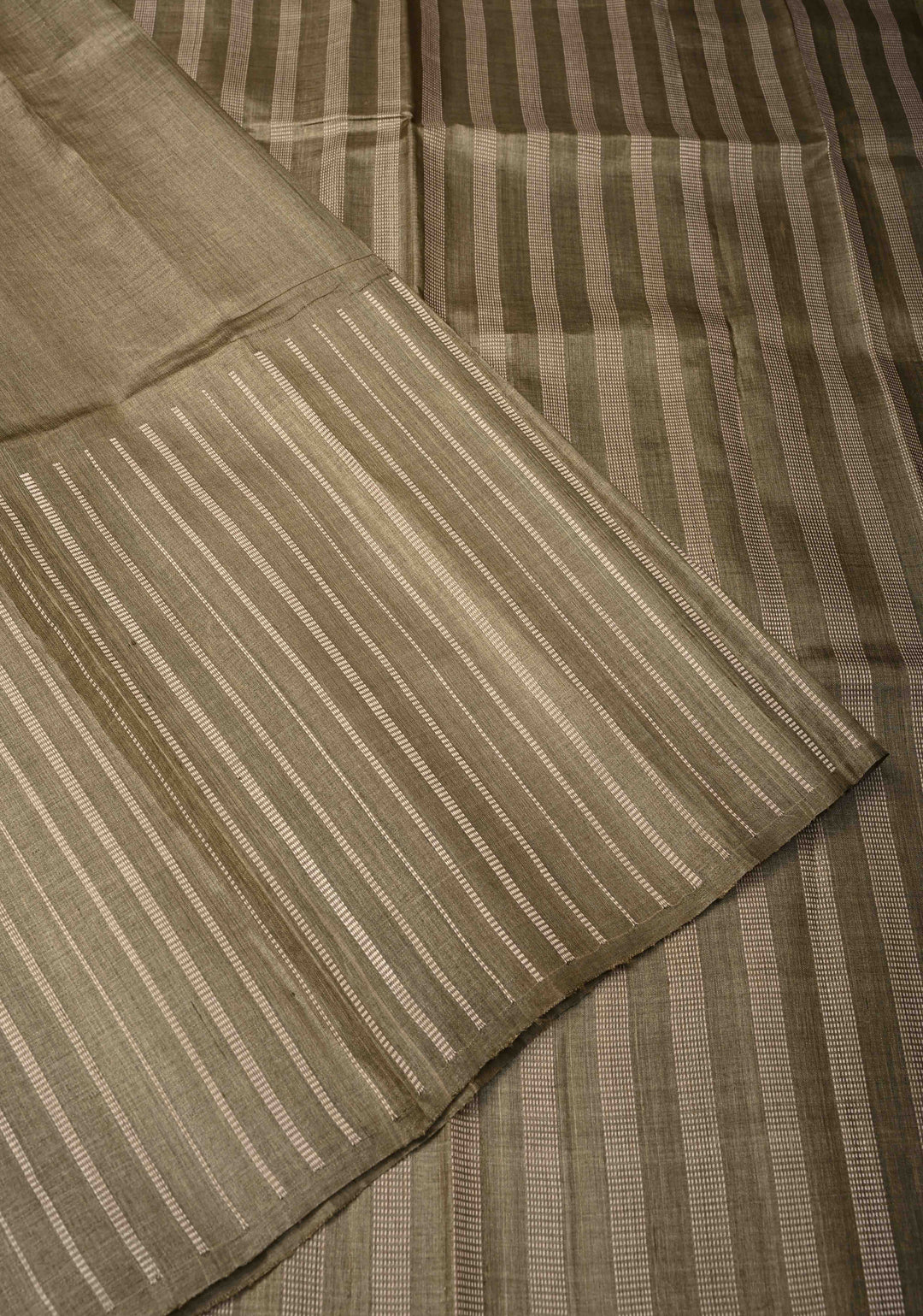 Wood Brown Tussar Silk saree with Vertical Resham Stripes on Border | SILK MARK CERTIFIED