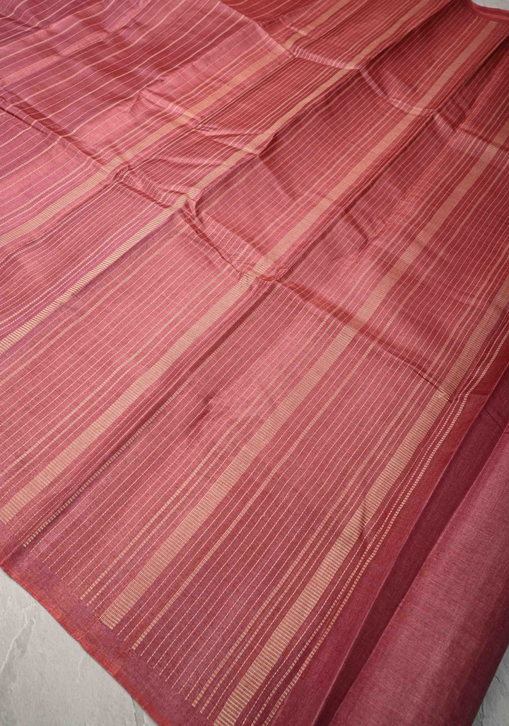 Dark Rose Borderless Tussar Silk saree with Resham Vertical Stripes  | SILK MARK CERTIFIED