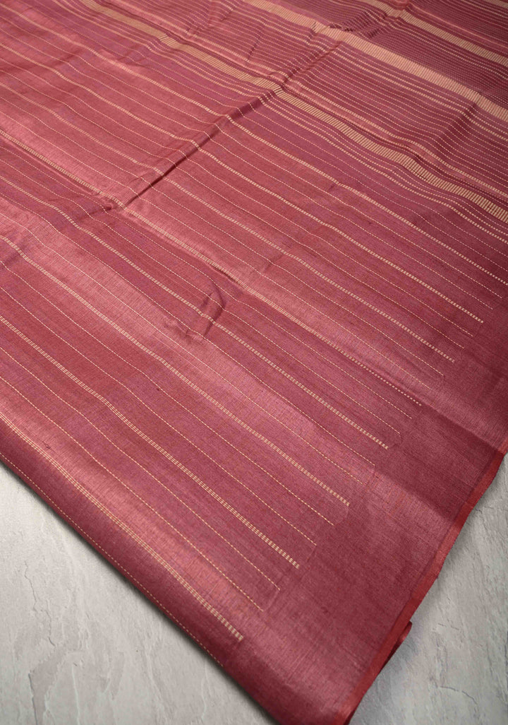 Dark Rose Borderless Tussar Silk saree with Resham Vertical Stripes  | SILK MARK CERTIFIED