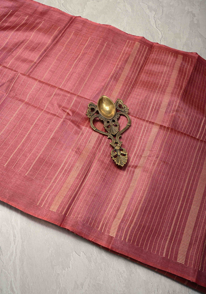Dark Rose Borderless Tussar Silk saree with Resham Vertical Stripes  | SILK MARK CERTIFIED