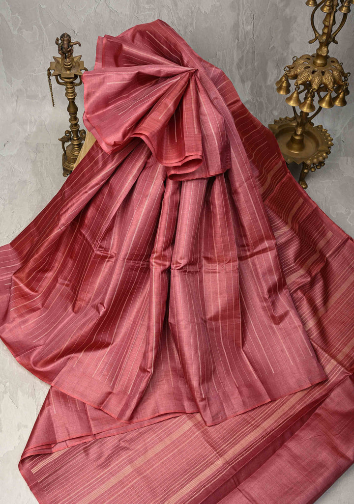 Dark Rose Borderless Tussar Silk saree with Resham Vertical Stripes  | SILK MARK CERTIFIED