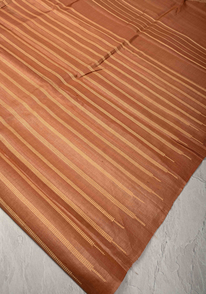 Camel brown  Borderless Tussar Silk saree with Resham Vertical Stripes  | SILK MARK CERTIFIED