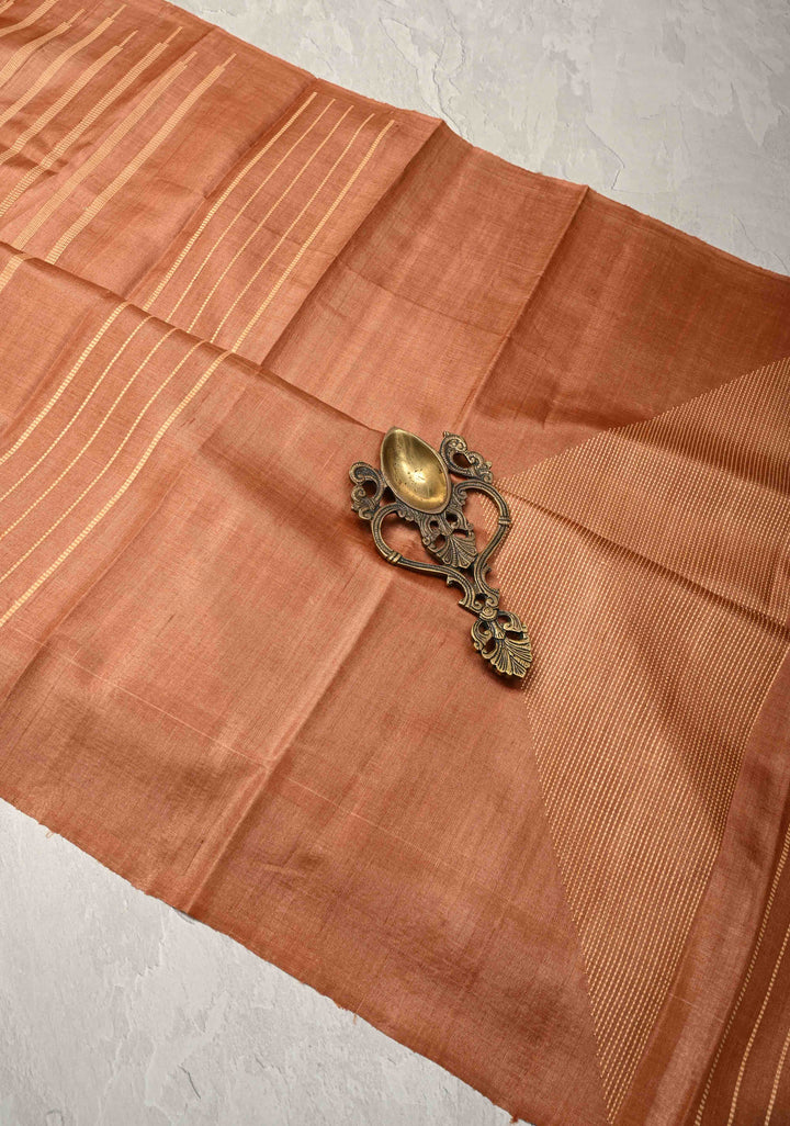 Camel brown  Borderless Tussar Silk saree with Resham Vertical Stripes  | SILK MARK CERTIFIED