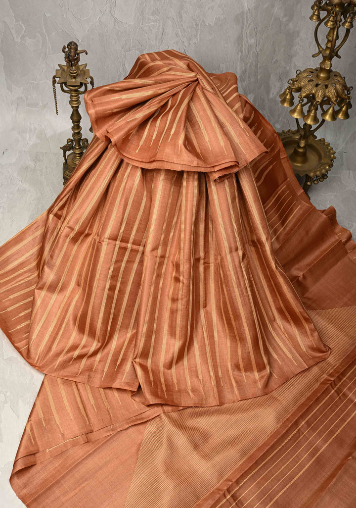 Camel brown  Borderless Tussar Silk saree with Resham Vertical Stripes  | SILK MARK CERTIFIED