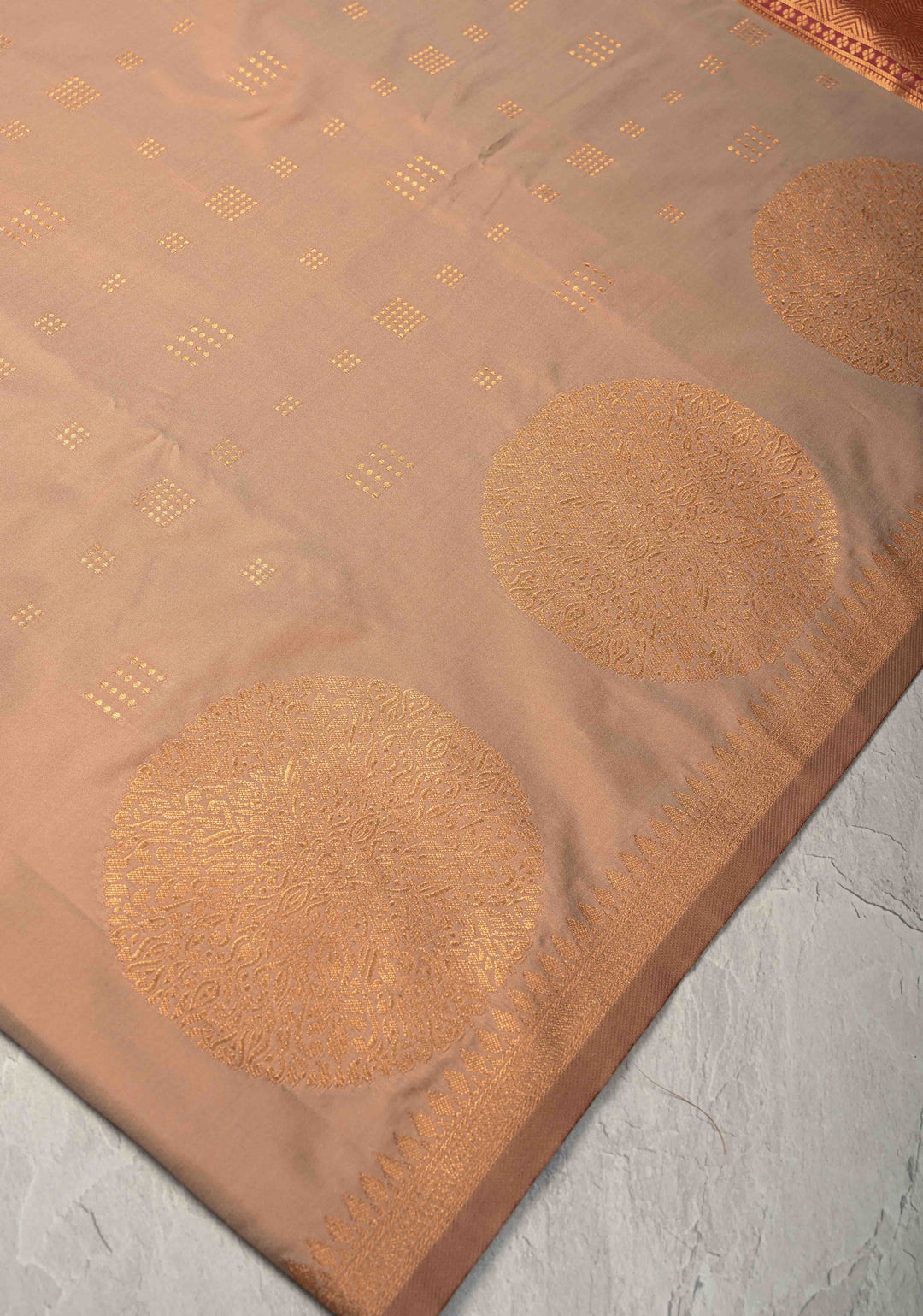 Sandalwood Kanchi Semi Silk Saree with Zari Buttas and Mandala Motifs on Border