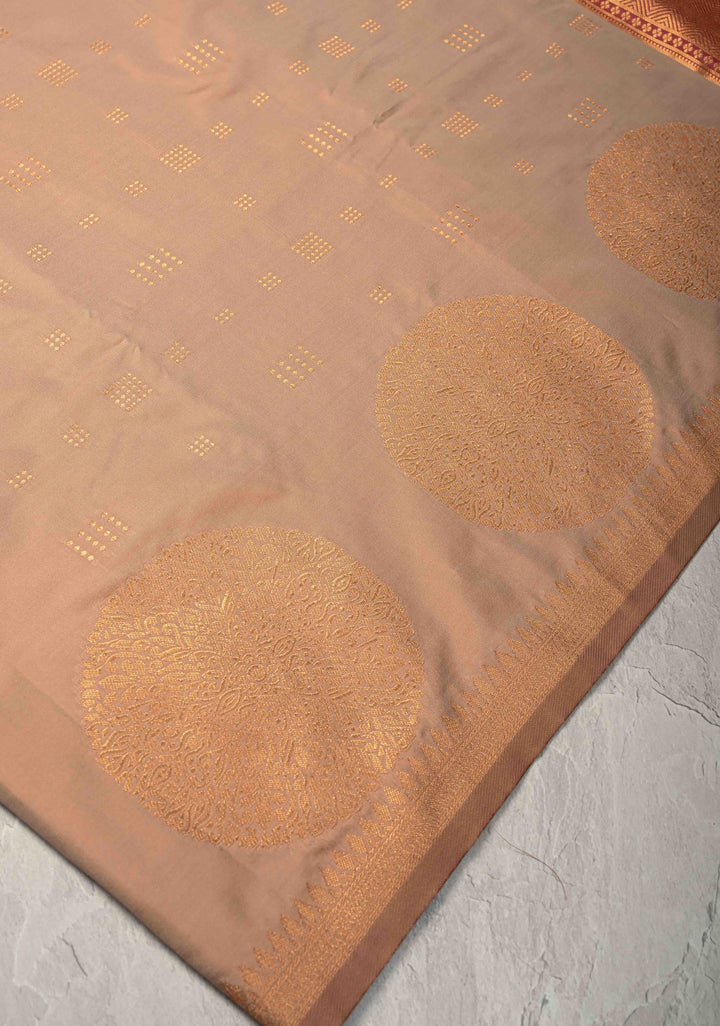 Sandalwood Kanchi Semi Silk Saree with Zari Buttas and Mandala Motifs on Border