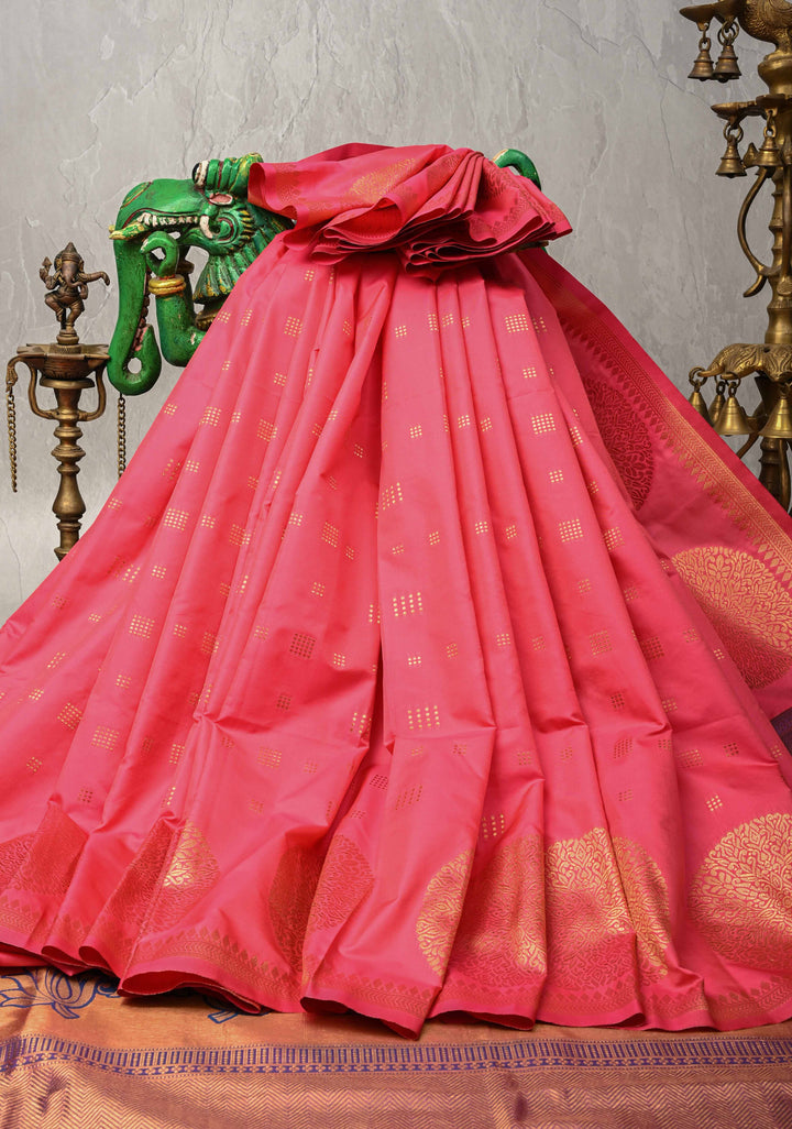 French Rose Kanchi Semi Silk Saree with Zari Buttas and Mandala Motifs on Border