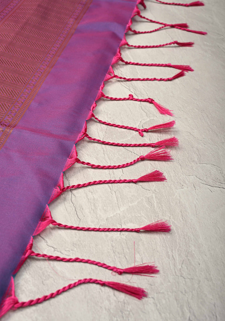 French Rose Kanchi Semi Silk Saree with Zari Buttas and Mandala Motifs on Border