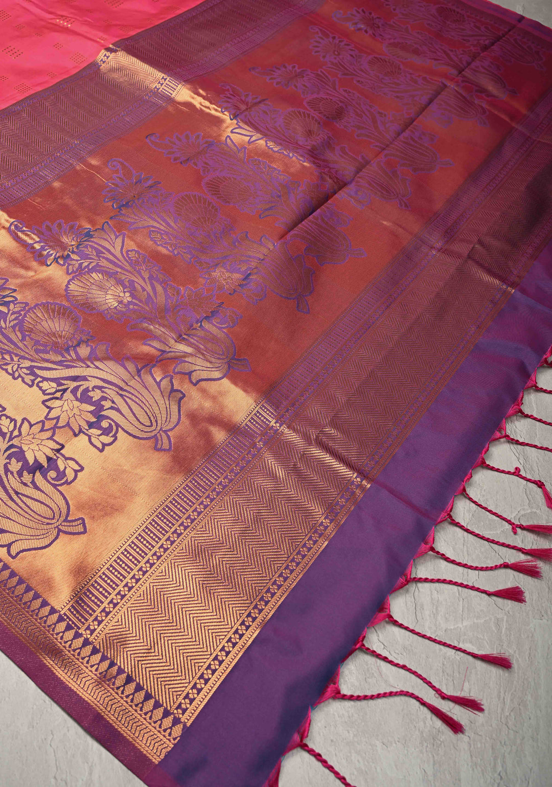French Rose Kanchi Semi Silk Saree with Zari Buttas and Mandala Motifs on Border