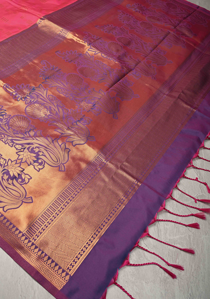 French Rose Kanchi Semi Silk Saree with Zari Buttas and Mandala Motifs on Border