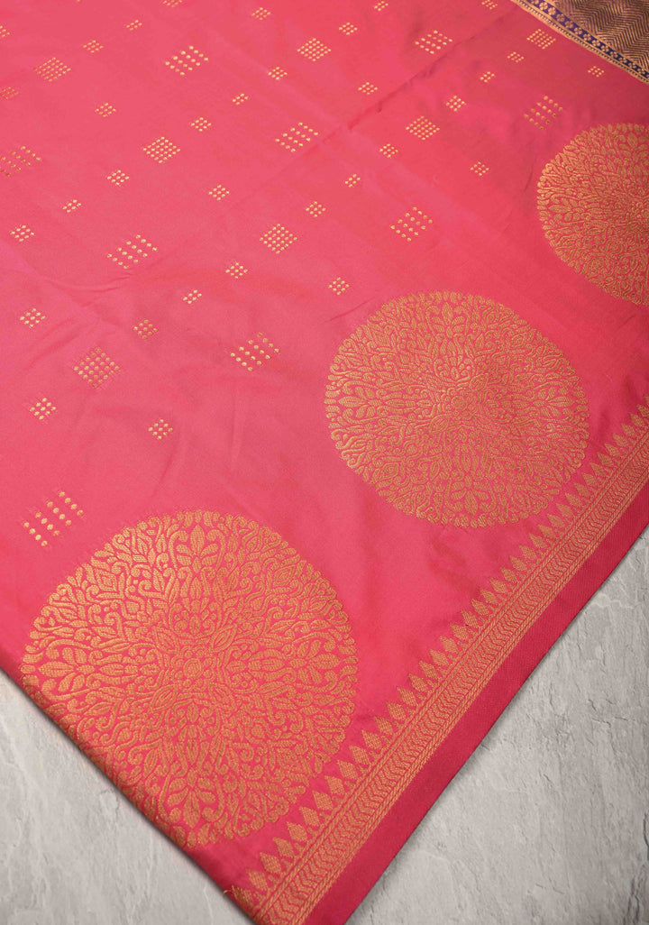 French Rose Kanchi Semi Silk Saree with Zari Buttas and Mandala Motifs on Border