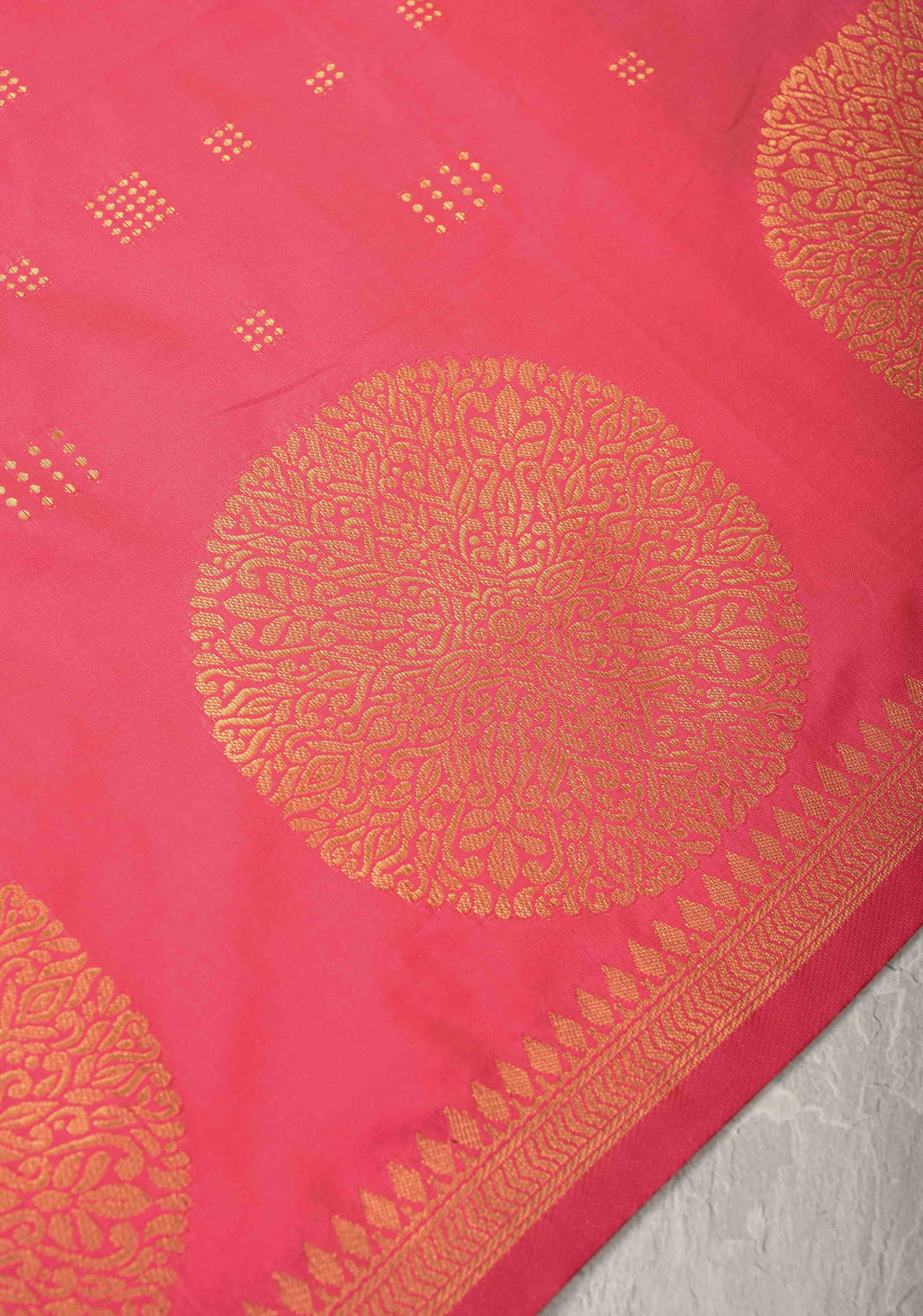 French Rose Kanchi Semi Silk Saree with Zari Buttas and Mandala Motifs on Border