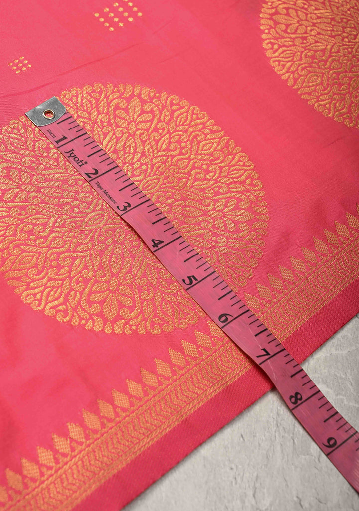 French Rose Kanchi Semi Silk Saree with Zari Buttas and Mandala Motifs on Border
