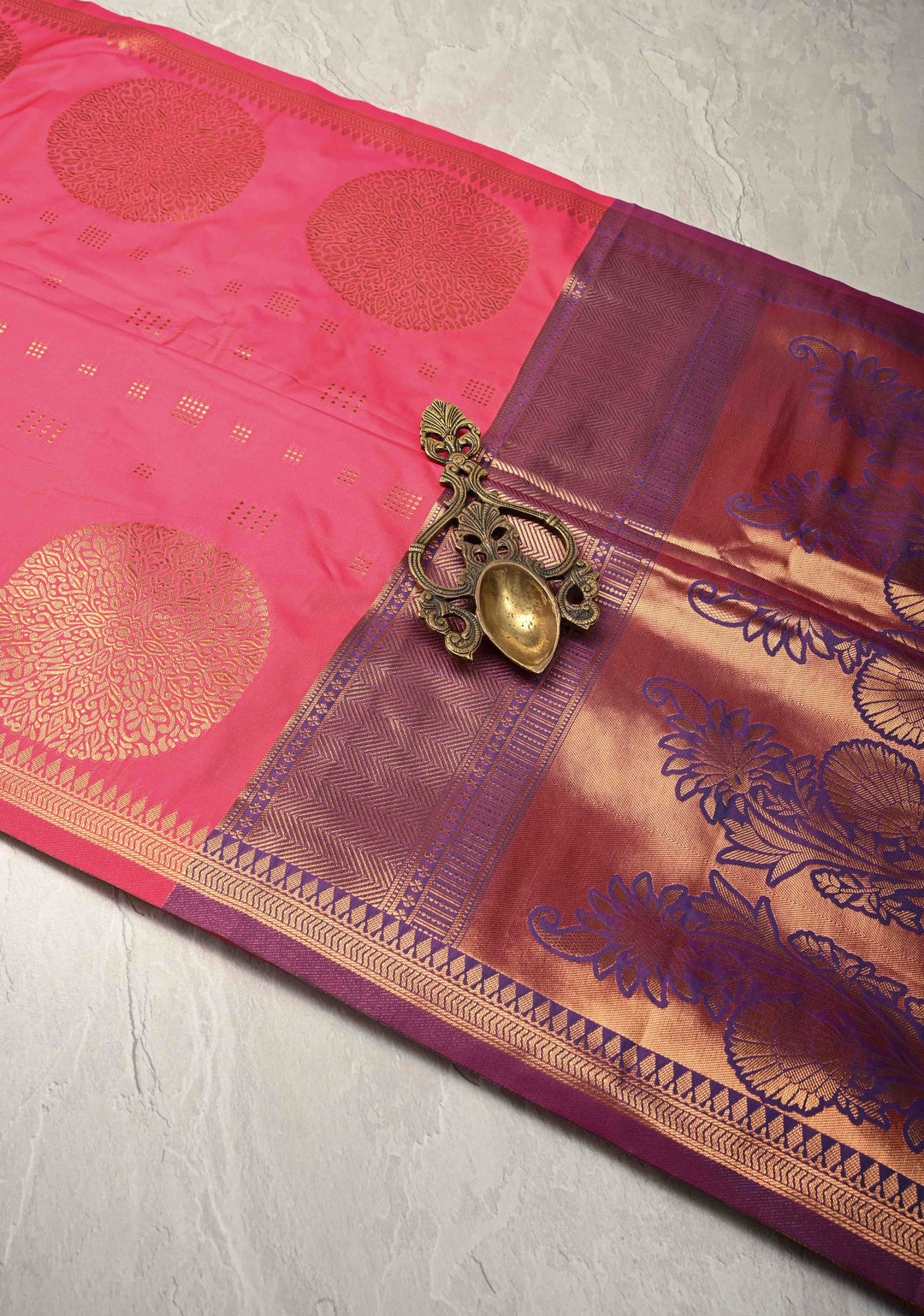 French Rose Kanchi Semi Silk Saree with Zari Buttas and Mandala Motifs on Border