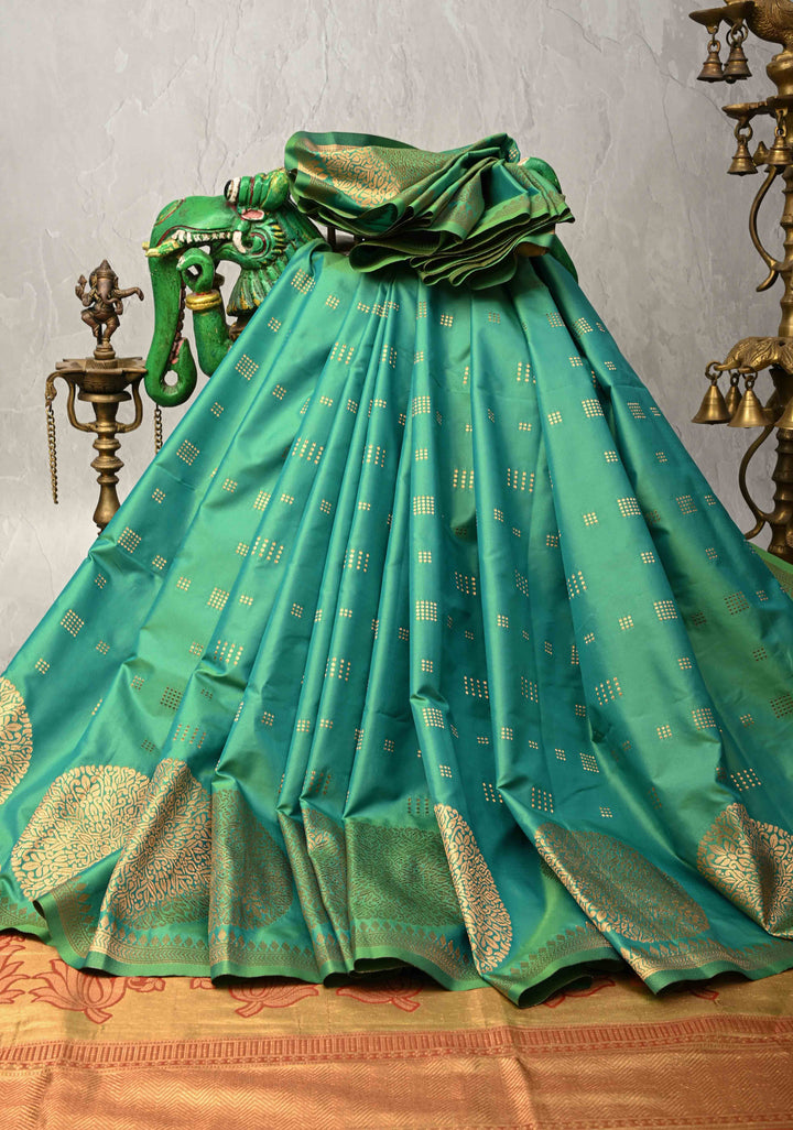 Green Dual tone Kanchi Semi Silk Saree with Zari Buttas and Mandala Motifs on Border