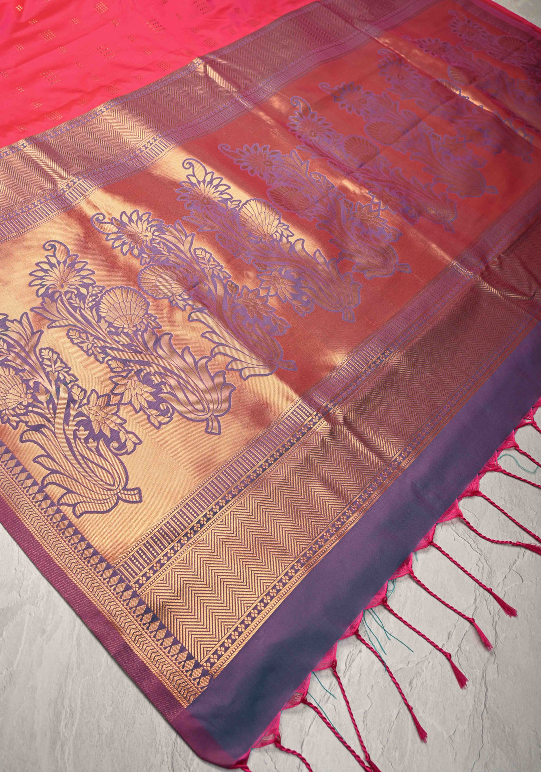 Amaranth Pink Kanchi Semi Silk Saree with Zari Buttas and Mandala Motifs on Border
