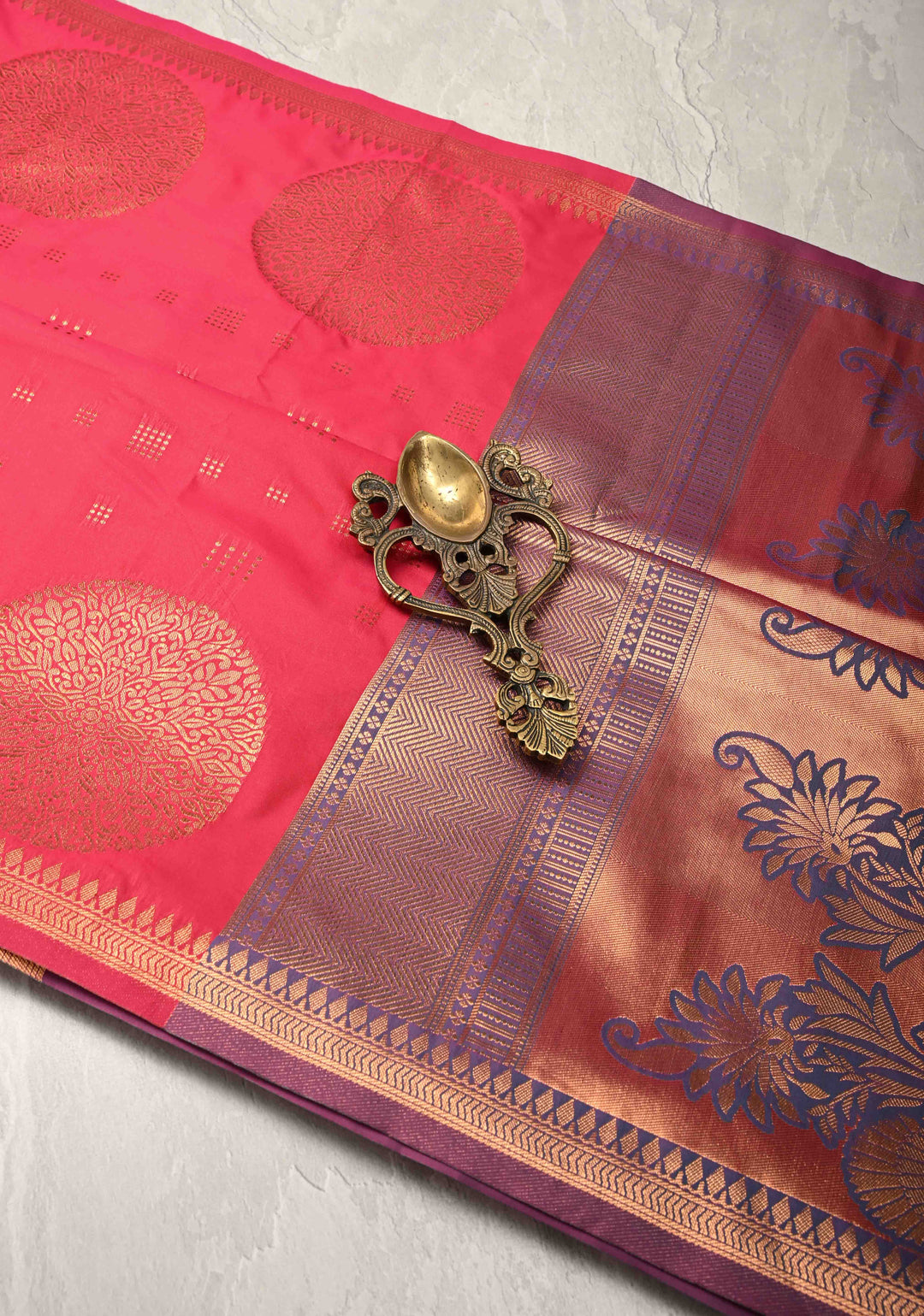 Amaranth Pink Kanchi Semi Silk Saree with Zari Buttas and Mandala Motifs on Border