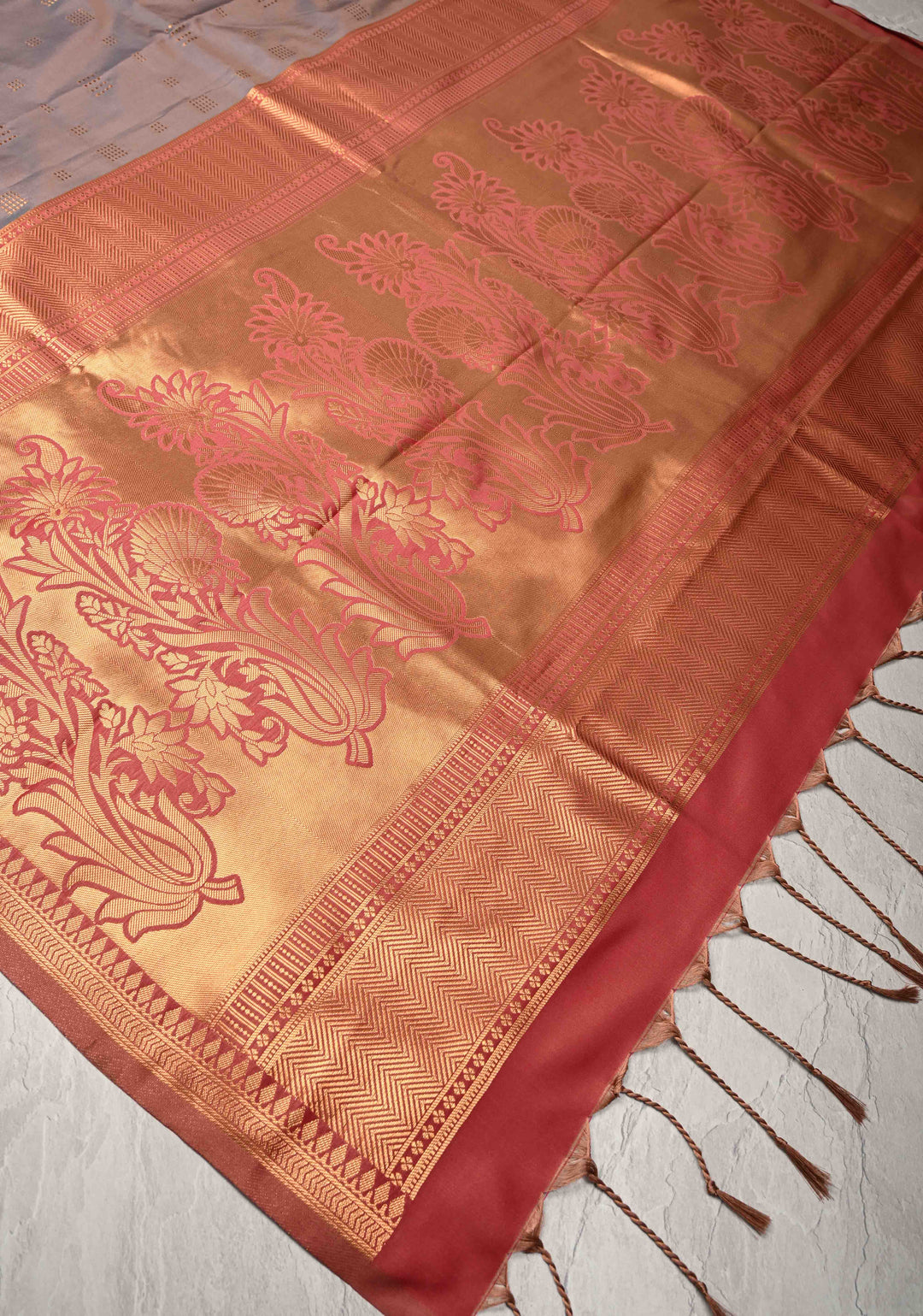 Gray Dual tone Kanchi Semi Silk Saree with Zari Buttas and Mandala Motifs on Border