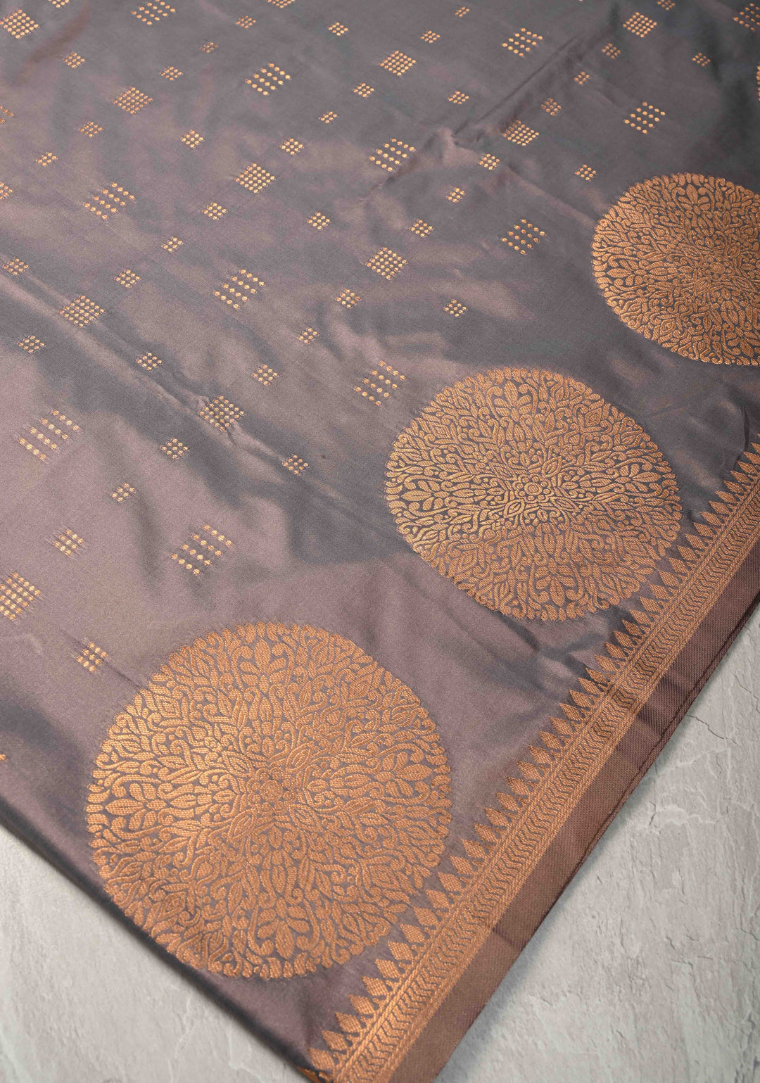 Gray Dual tone Kanchi Semi Silk Saree with Zari Buttas and Mandala Motifs on Border