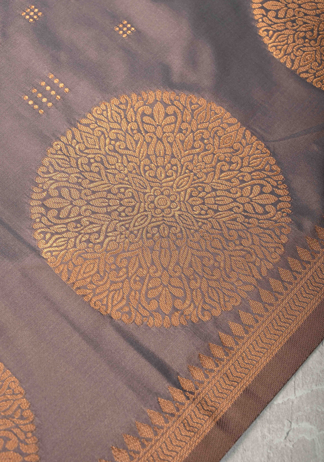Gray Dual tone Kanchi Semi Silk Saree with Zari Buttas and Mandala Motifs on Border
