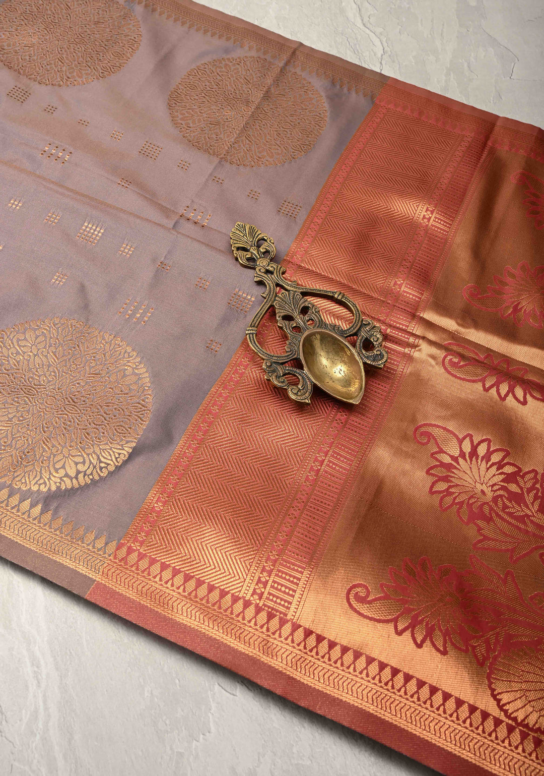 Gray Dual tone Kanchi Semi Silk Saree with Zari Buttas and Mandala Motifs on Border