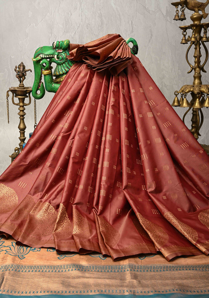Copper Rose Kanchi Semi Silk Saree with Zari Buttas and Mandala Motifs on Border