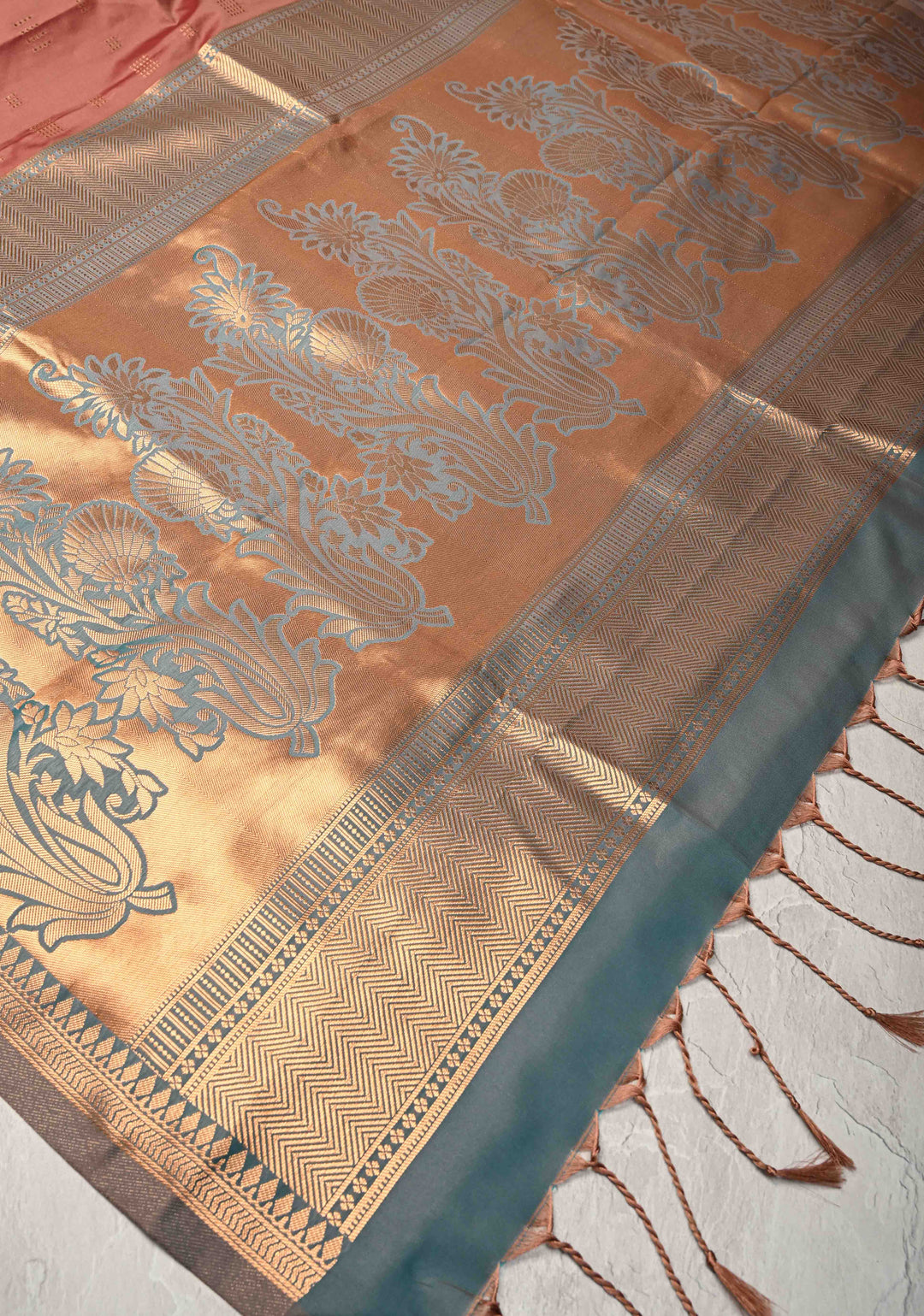 Copper Rose Kanchi Semi Silk Saree with Zari Buttas and Mandala Motifs on Border