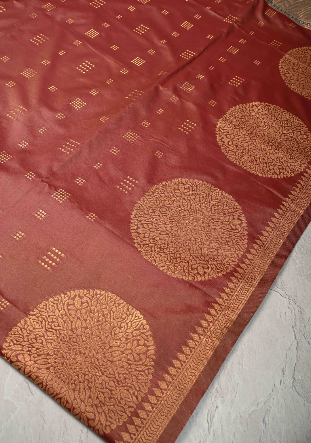 Copper Rose Kanchi Semi Silk Saree with Zari Buttas and Mandala Motifs on Border