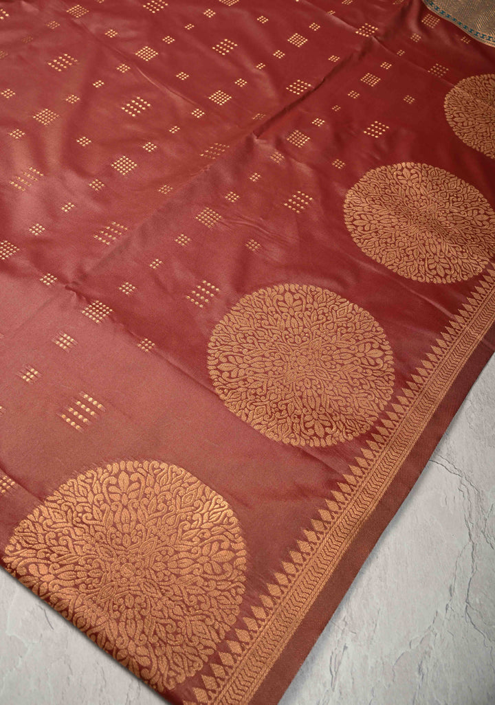 Copper Rose Kanchi Semi Silk Saree with Zari Buttas and Mandala Motifs on Border