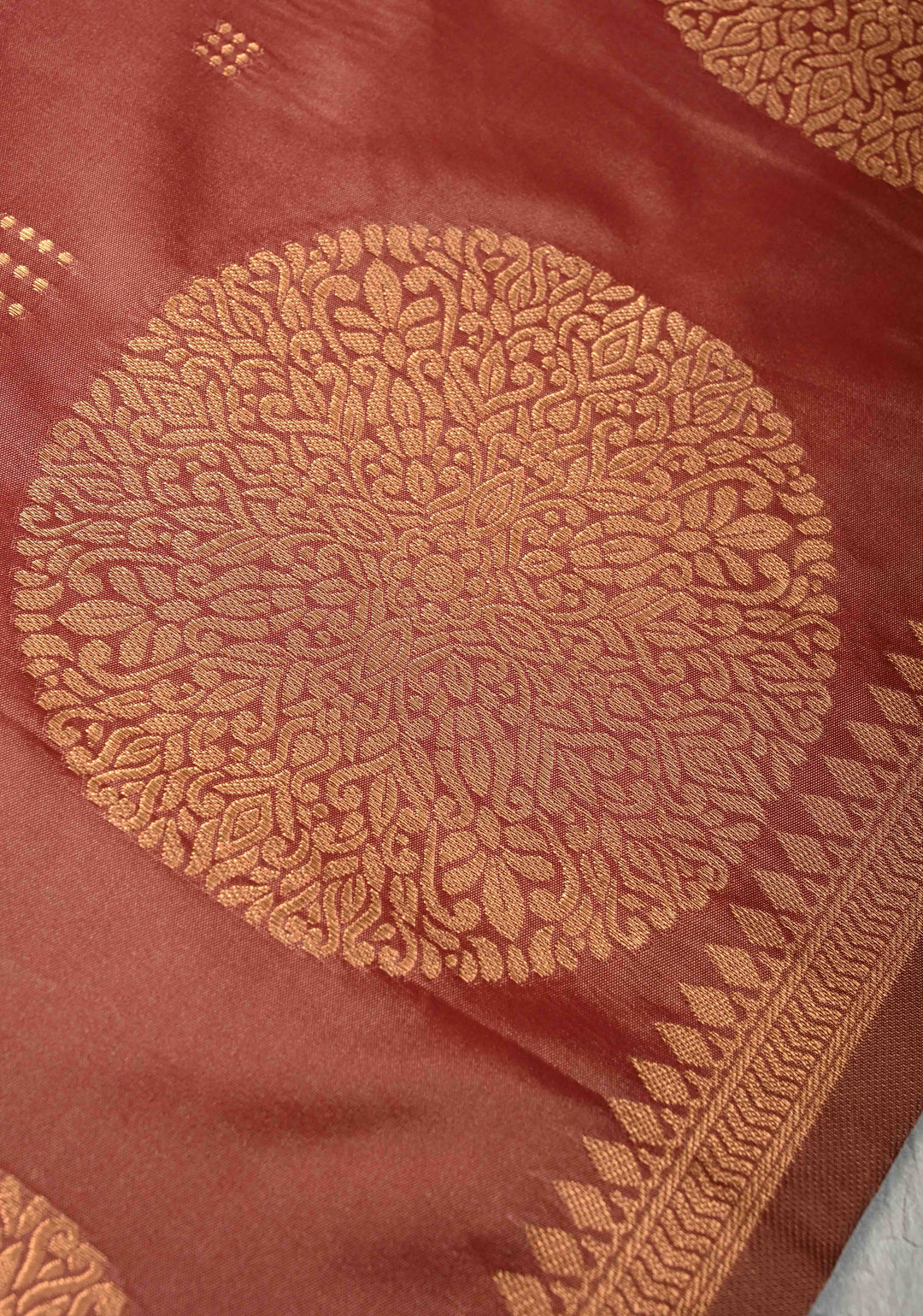 Copper Rose Kanchi Semi Silk Saree with Zari Buttas and Mandala Motifs on Border