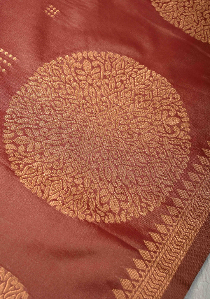 Copper Rose Kanchi Semi Silk Saree with Zari Buttas and Mandala Motifs on Border