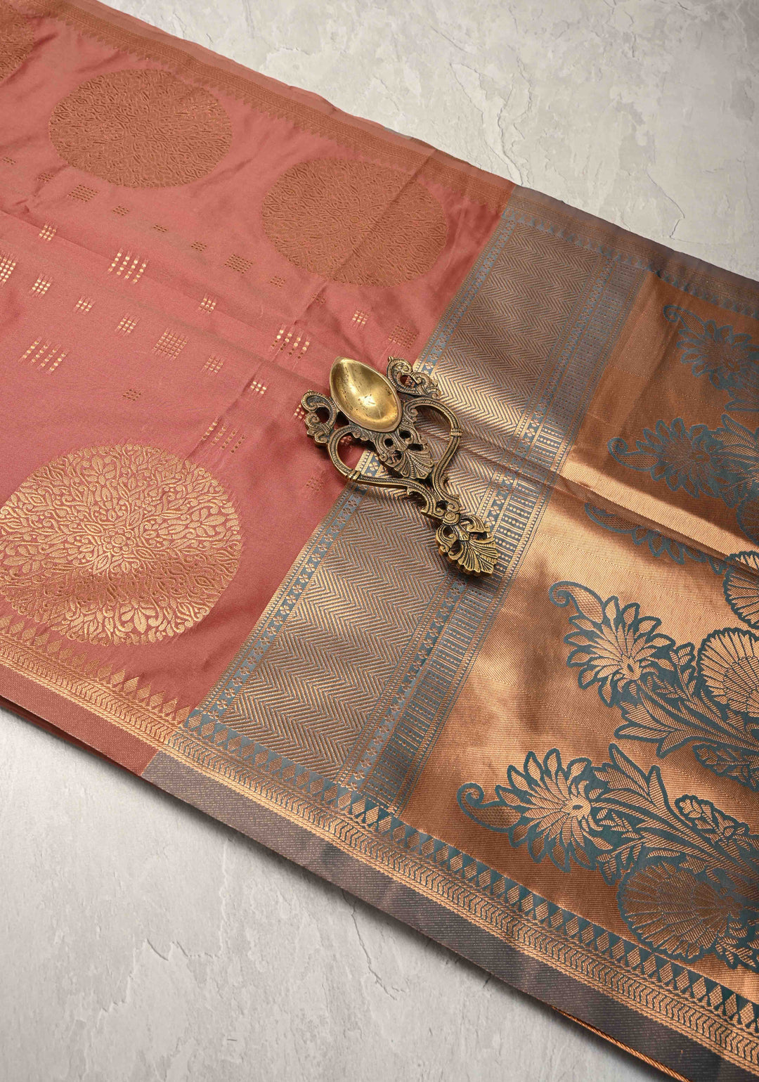 Copper Rose Kanchi Semi Silk Saree with Zari Buttas and Mandala Motifs on Border