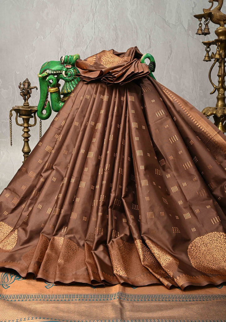 Copper Rose Kanchi Semi Silk Saree with Zari Buttas and Mandala Motifs on Border
