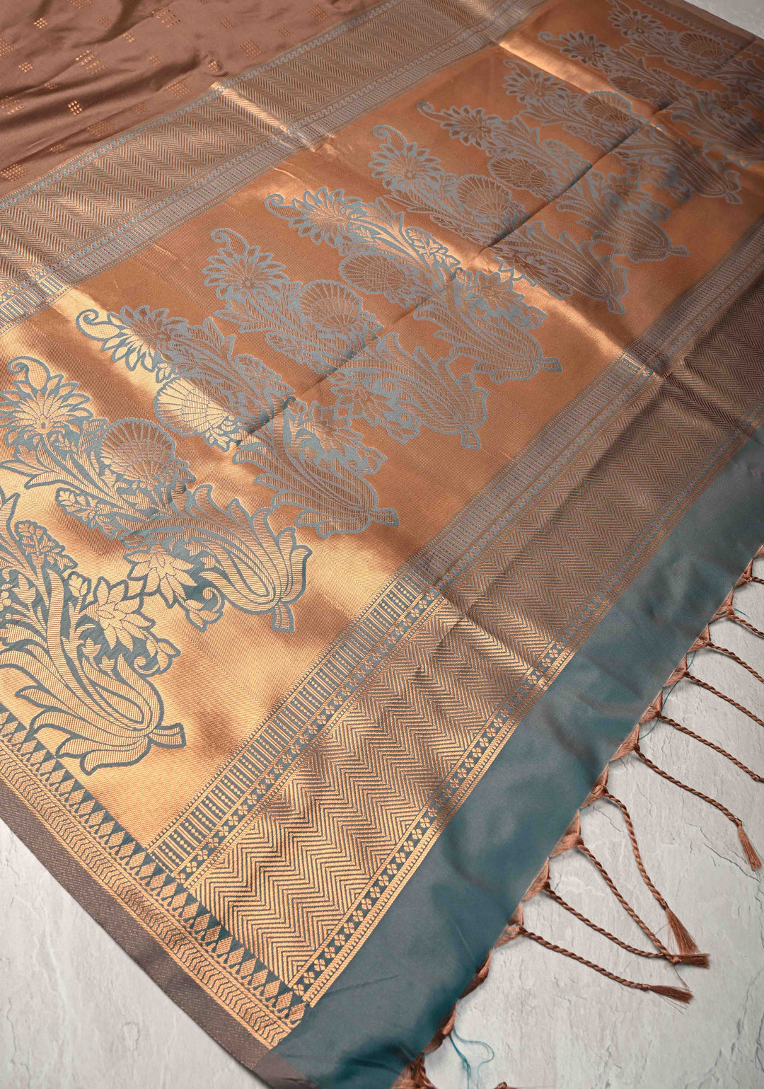 Copper Rose Kanchi Semi Silk Saree with Zari Buttas and Mandala Motifs on Border