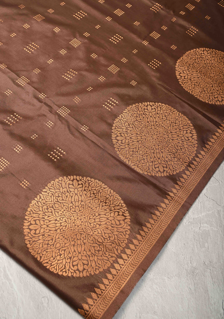 Copper Rose Kanchi Semi Silk Saree with Zari Buttas and Mandala Motifs on Border