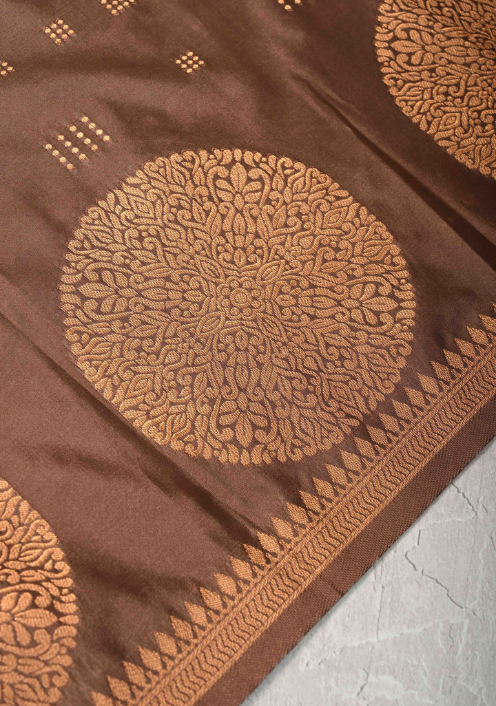 Copper Rose Kanchi Semi Silk Saree with Zari Buttas and Mandala Motifs on Border