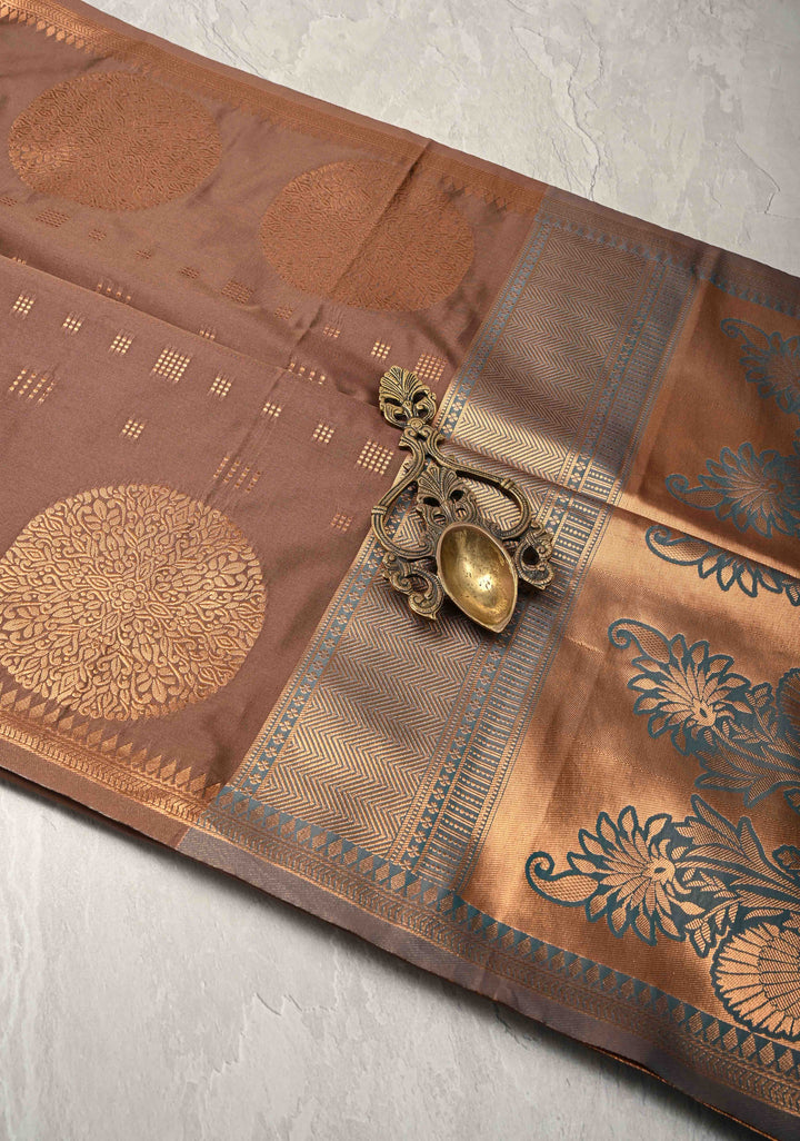 Copper Rose Kanchi Semi Silk Saree with Zari Buttas and Mandala Motifs on Border