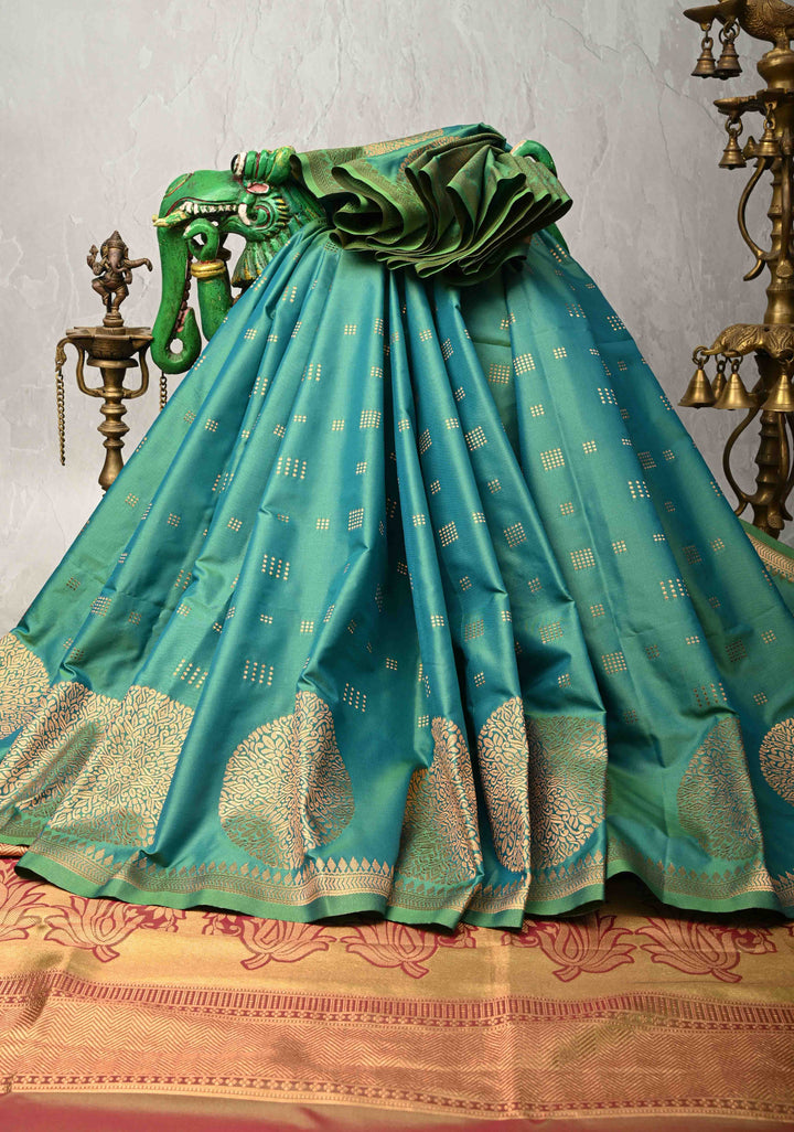 Green-Blue Dual tone Kanchi Semi Silk Saree with Zari Buttas and Mandala Motifs on Border