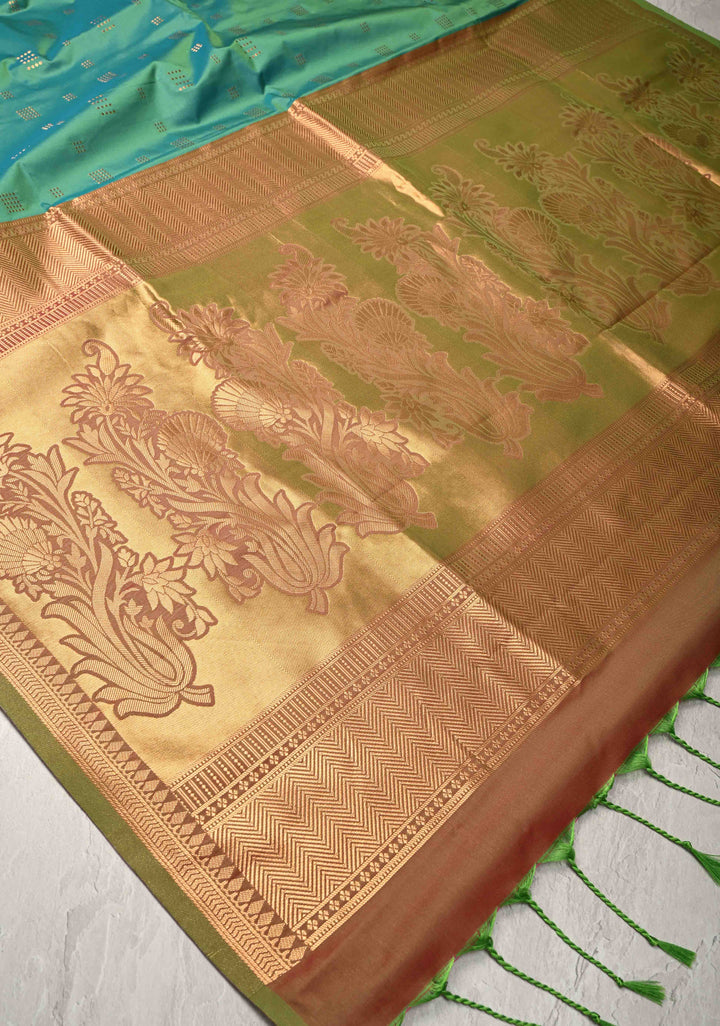 Green-Blue Dual tone Kanchi Semi Silk Saree with Zari Buttas and Mandala Motifs on Border