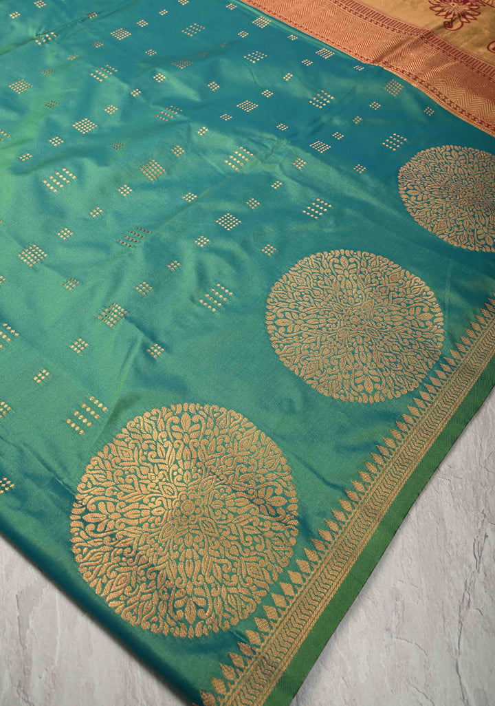 Green-Blue Dual tone Kanchi Semi Silk Saree with Zari Buttas and Mandala Motifs on Border