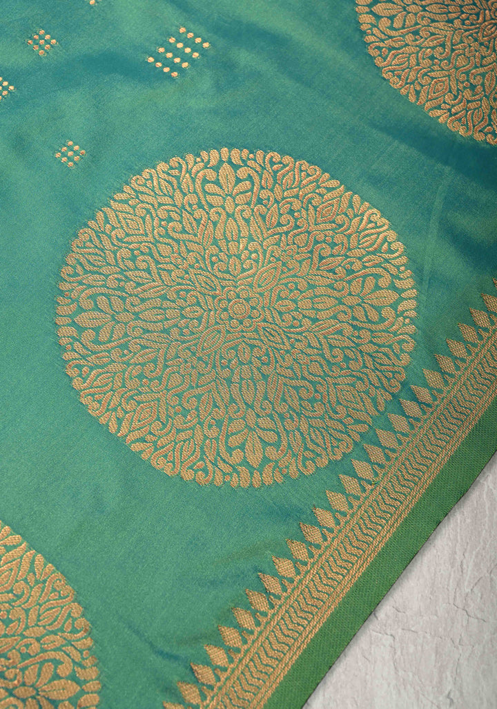 Green-Blue Dual tone Kanchi Semi Silk Saree with Zari Buttas and Mandala Motifs on Border