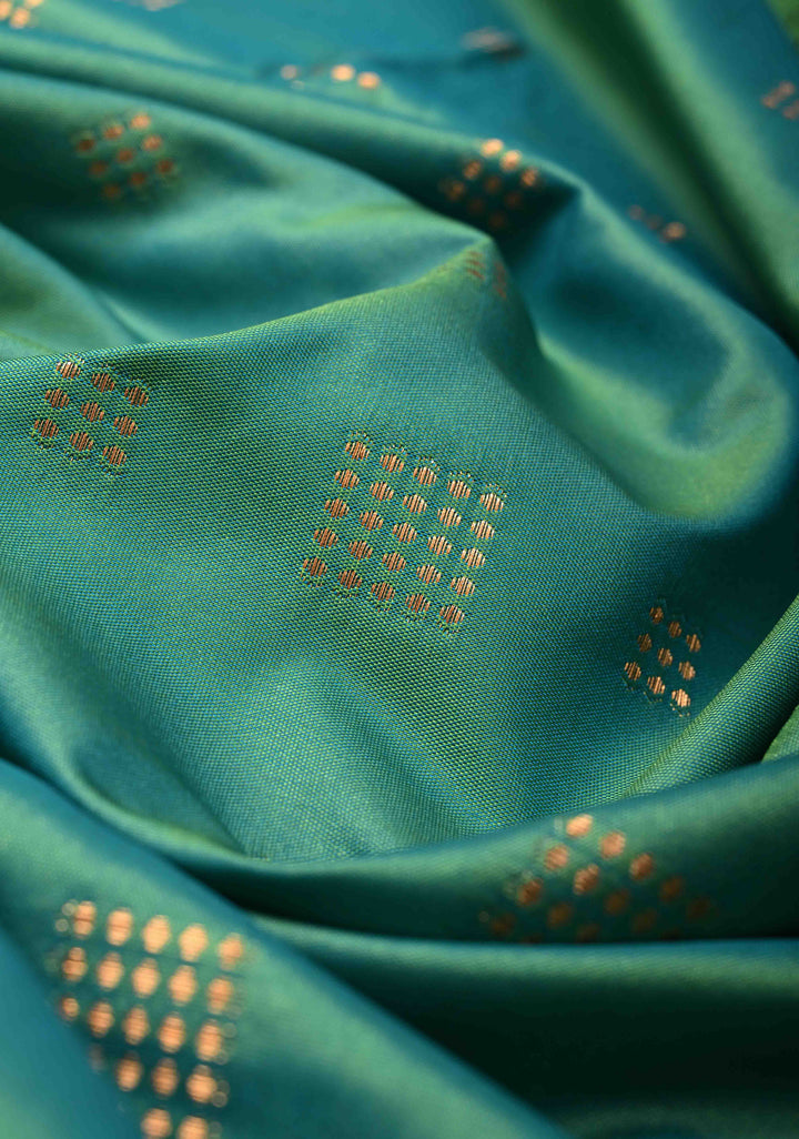 Green-Blue Dual tone Kanchi Semi Silk Saree with Zari Buttas and Mandala Motifs on Border