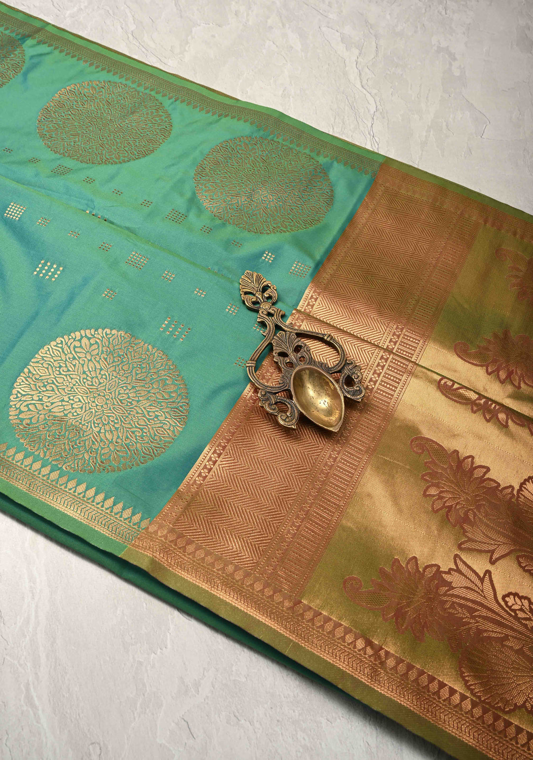 Green-Blue Dual tone Kanchi Semi Silk Saree with Zari Buttas and Mandala Motifs on Border