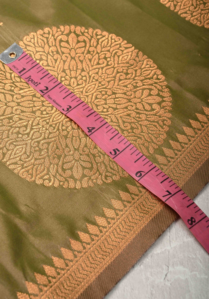 Mehendi Green Dual tone Kanchi Semi Silk Saree with Zari Buttas and Mandala Motifs on Border