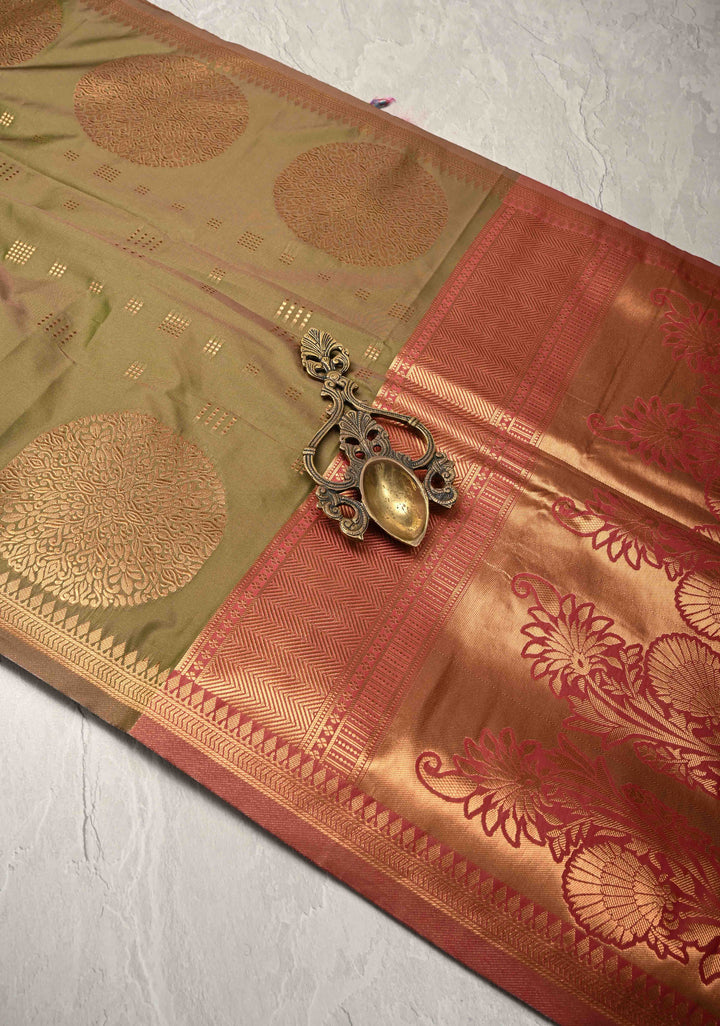 Mehendi Green Dual tone Kanchi Semi Silk Saree with Zari Buttas and Mandala Motifs on Border