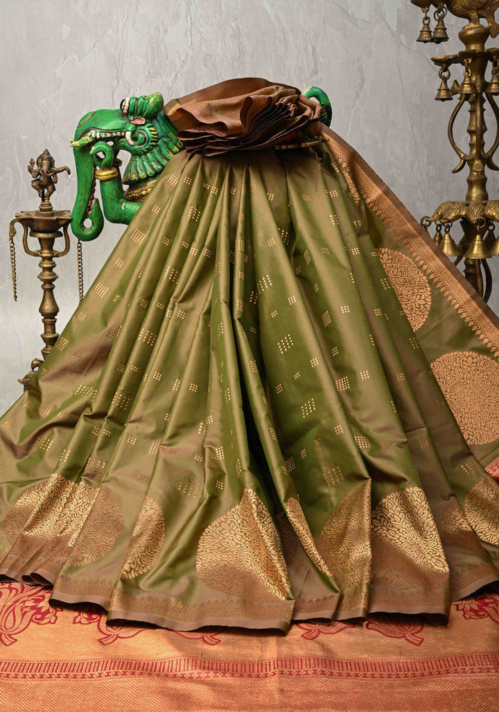 Mehendi Green Dual tone Kanchi Semi Silk Saree with Zari Buttas and Mandala Motifs on Border